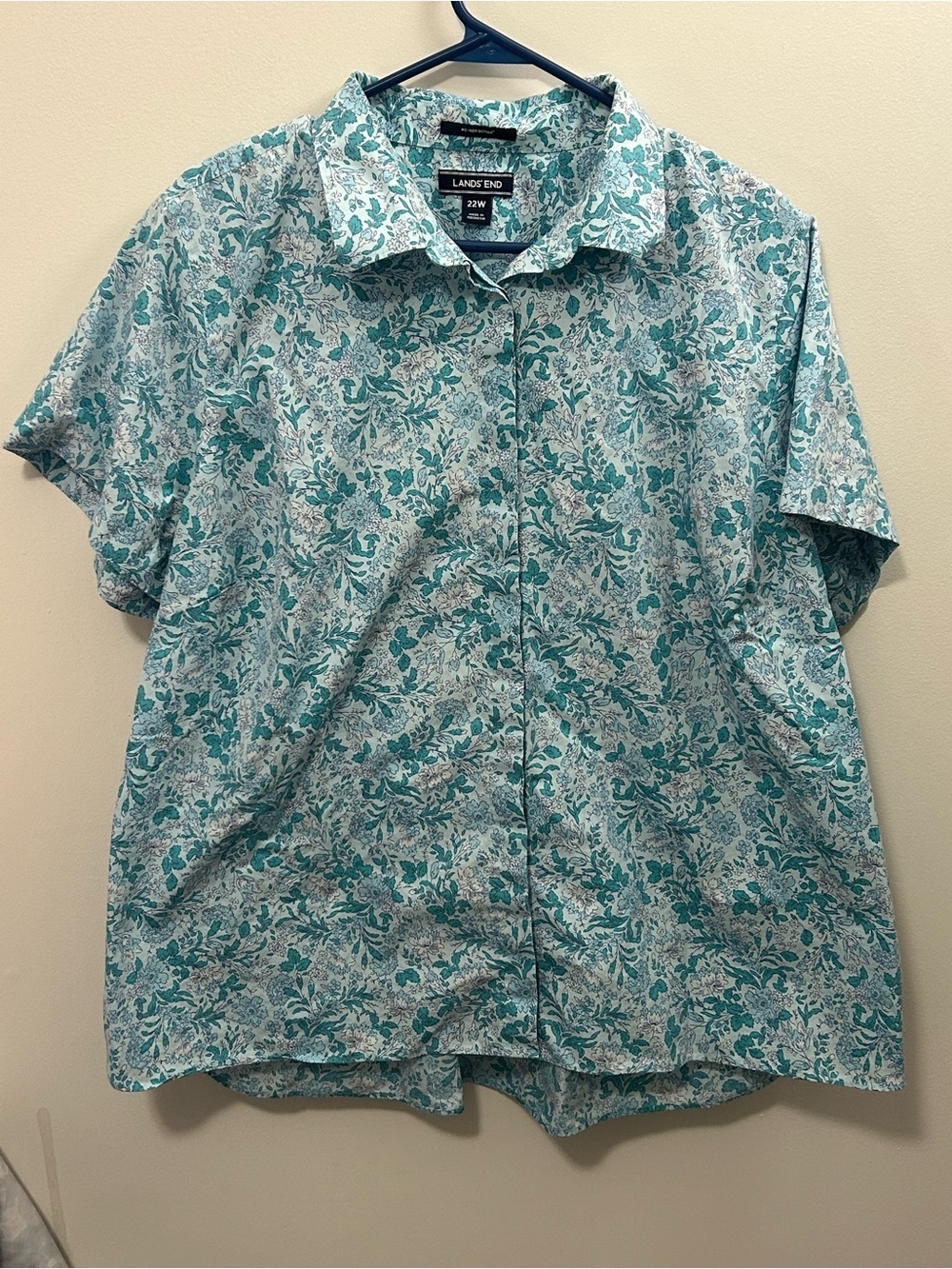 Lands' End Women’s Teal Floral Button-Down Shirt